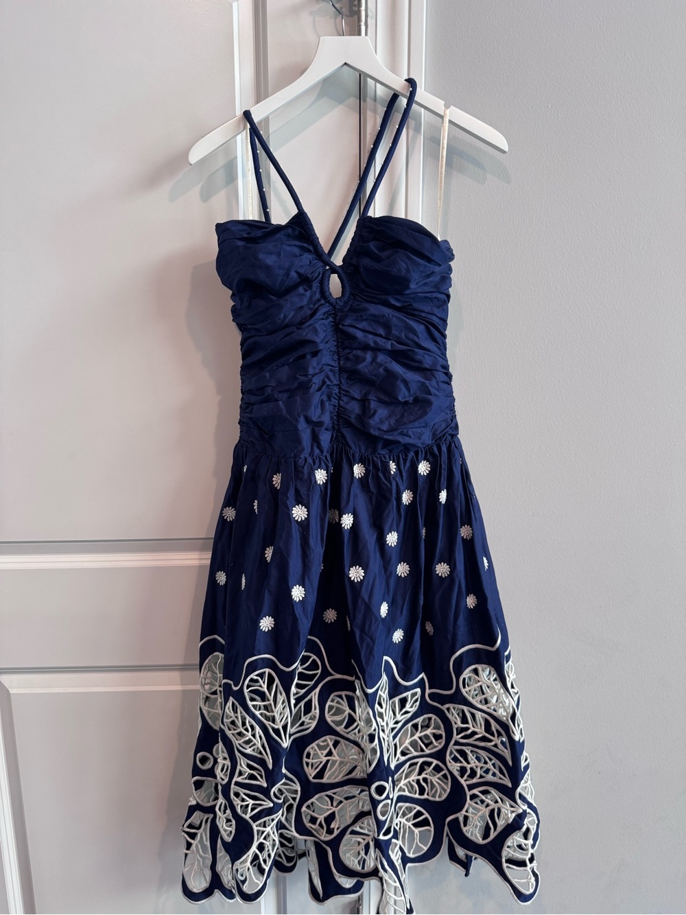 FARM Rio Navy Ruched Sundress with White Embroidered Hem